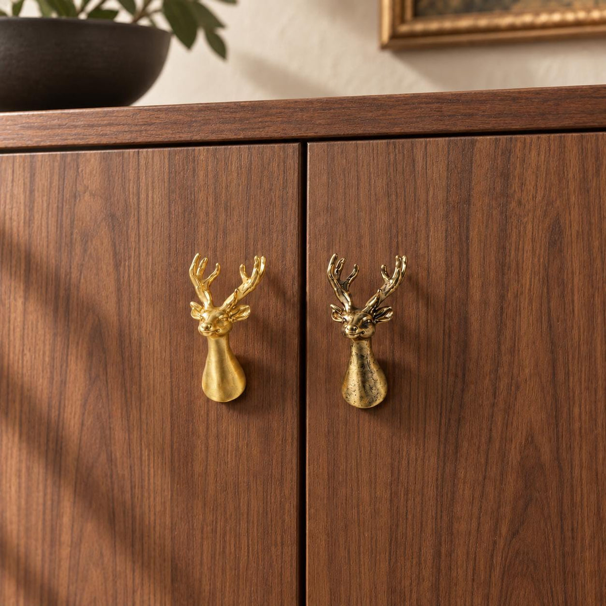 Brass Deer Head Cabinet Knobs, Woodland Animal Drawer Pulls, Gold or Antique Brass Furniture Hardware