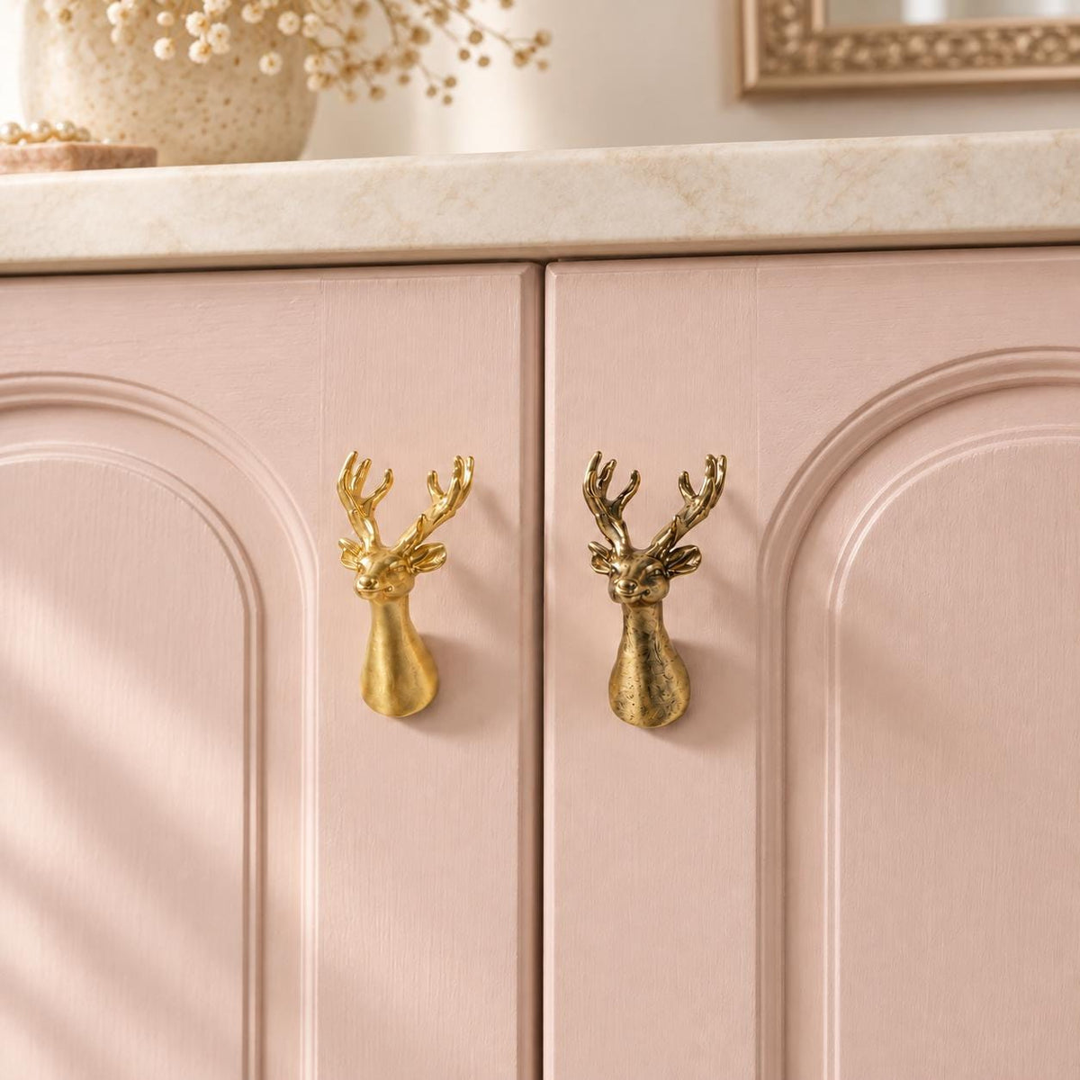 Brass Deer Head Cabinet Knobs, Woodland Animal Drawer Pulls, Gold or Antique Brass Furniture Hardware