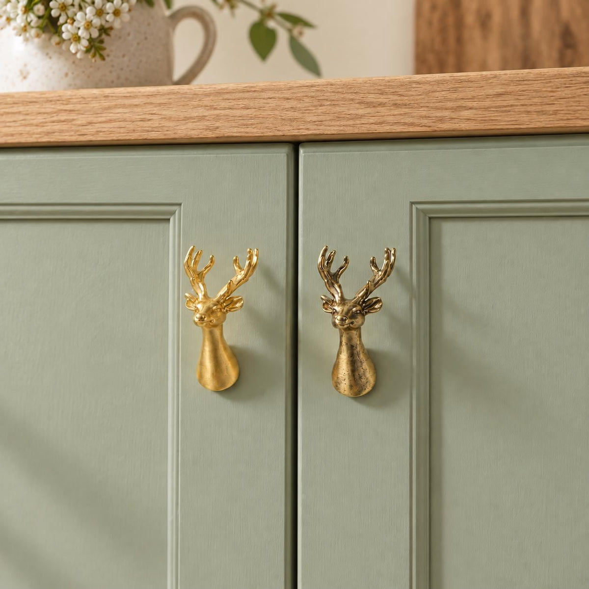 Brass Deer Head Cabinet Knobs, Woodland Animal Drawer Pulls, Gold or Antique Brass Furniture Hardware